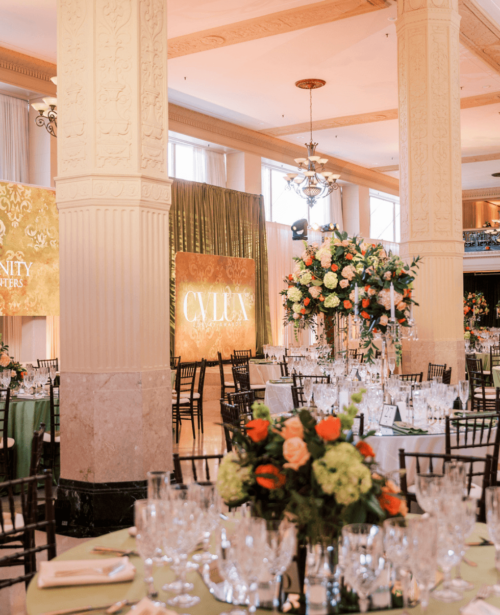 Upscale gala event setup in Fresno CA venue with elegant decor, banquet seating, and formal fundraiser atmosphere